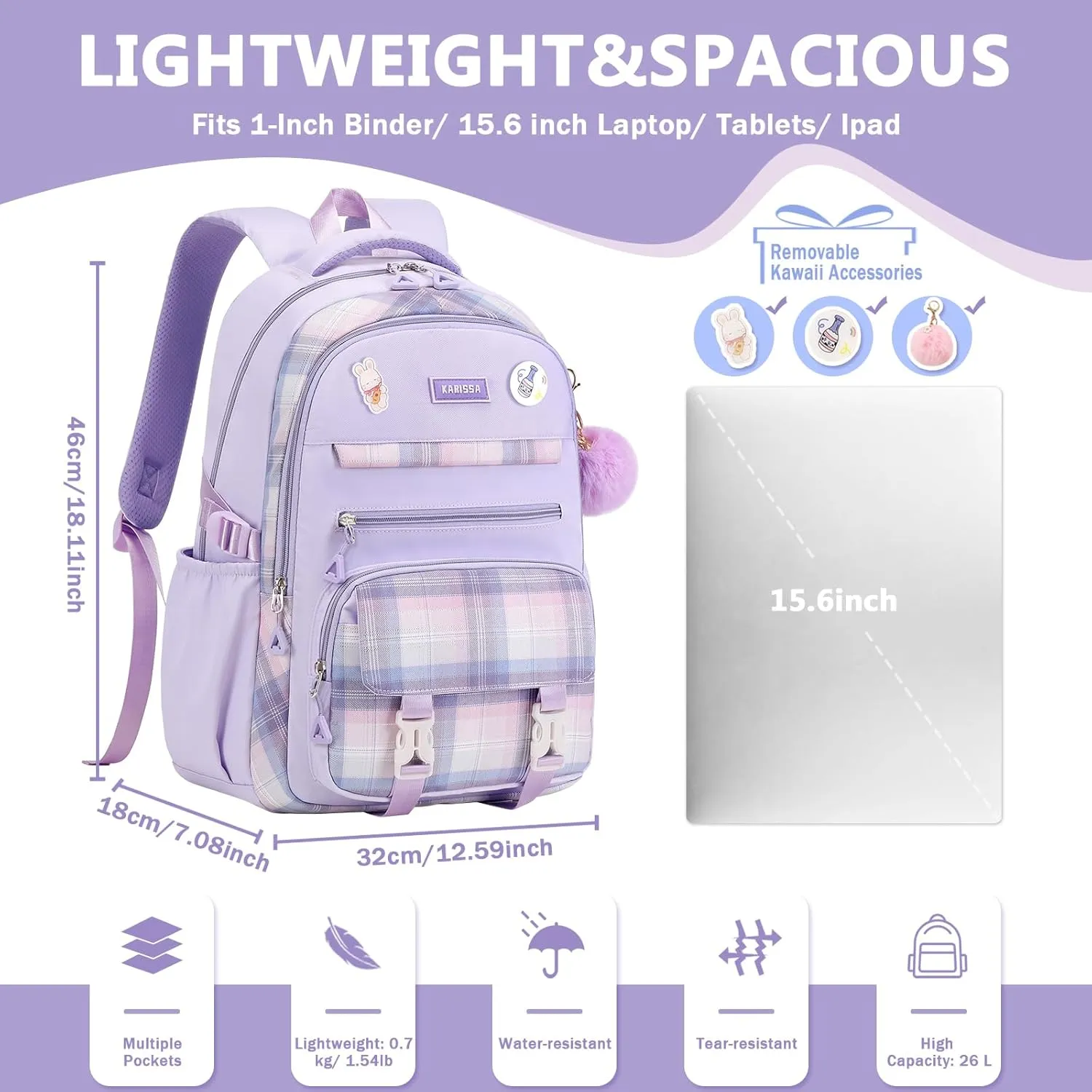 Girls Backpack for School, Kawaii Bookbag for Teen Multiple Pockets School Bag for Primary Elementary Middle School, Age 6-14,Purple