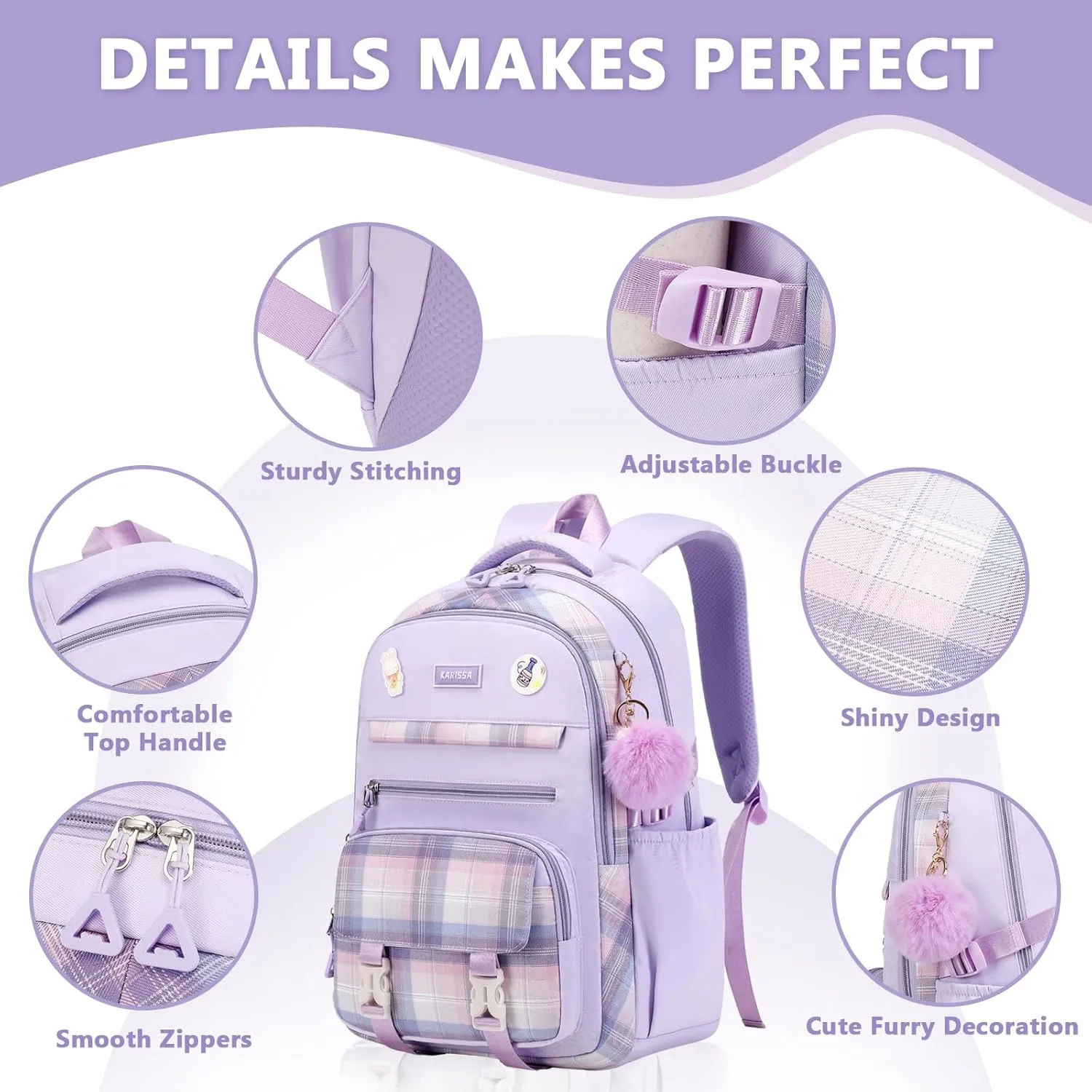 Girls Backpack for School, Kawaii Bookbag for Teen Multiple Pockets School Bag for Primary Elementary Middle School, Age 6-14,Purple