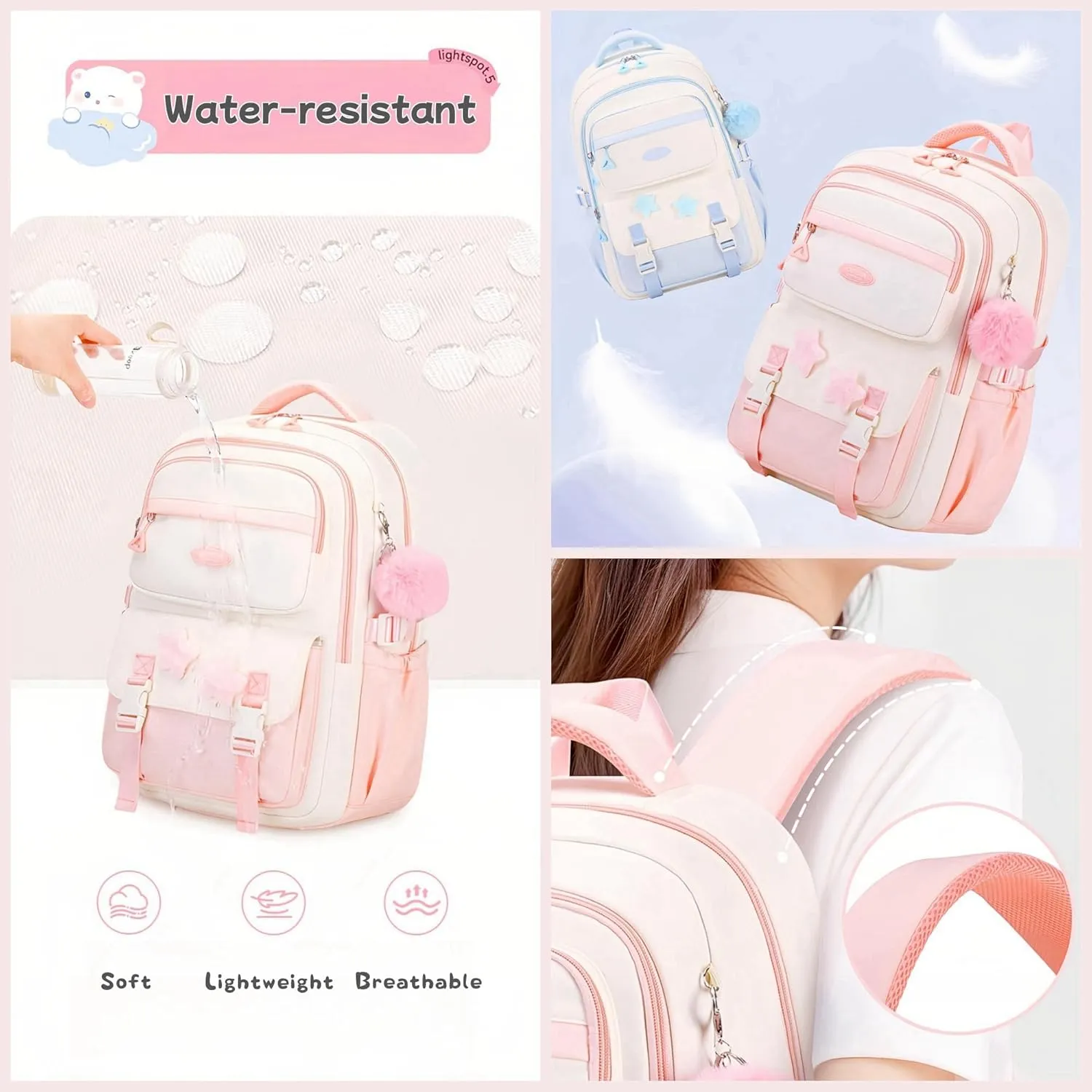Girls Backpack for School Kids, Pink Kids School Bag for Teen Girls, with Star Pins and Furry Pendant, A08-Pink