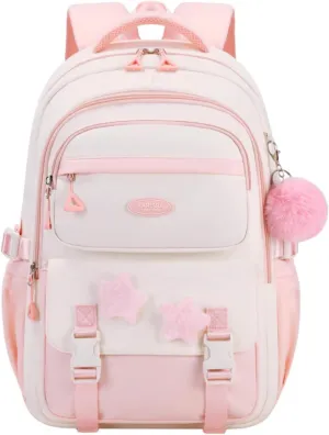 Girls Backpack for School Kids, Pink Kids School Bag for Teen Girls, with Star Pins and Furry Pendant, A08-Pink