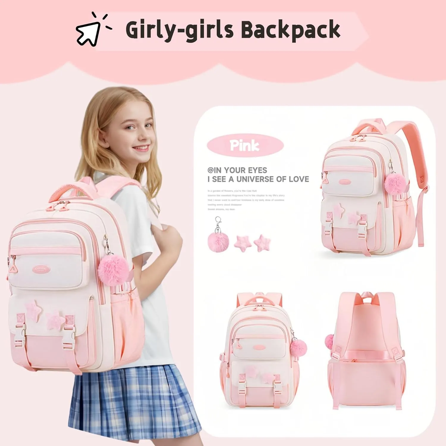 Girls Backpack for School Kids, Pink Kids School Bag for Teen Girls, with Star Pins and Furry Pendant, A08-Pink