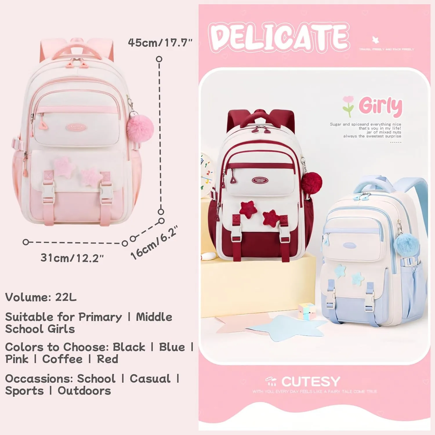 Girls Backpack for School Kids, Pink Kids School Bag for Teen Girls, with Star Pins and Furry Pendant, A08-Pink
