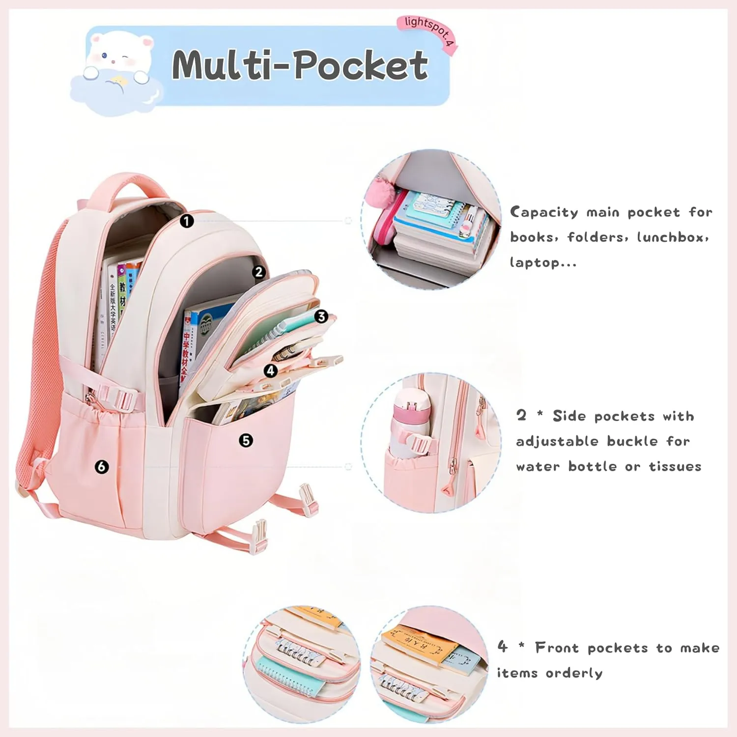 Girls Backpack for School Kids, Pink Kids School Bag for Teen Girls, with Star Pins and Furry Pendant, A08-Pink
