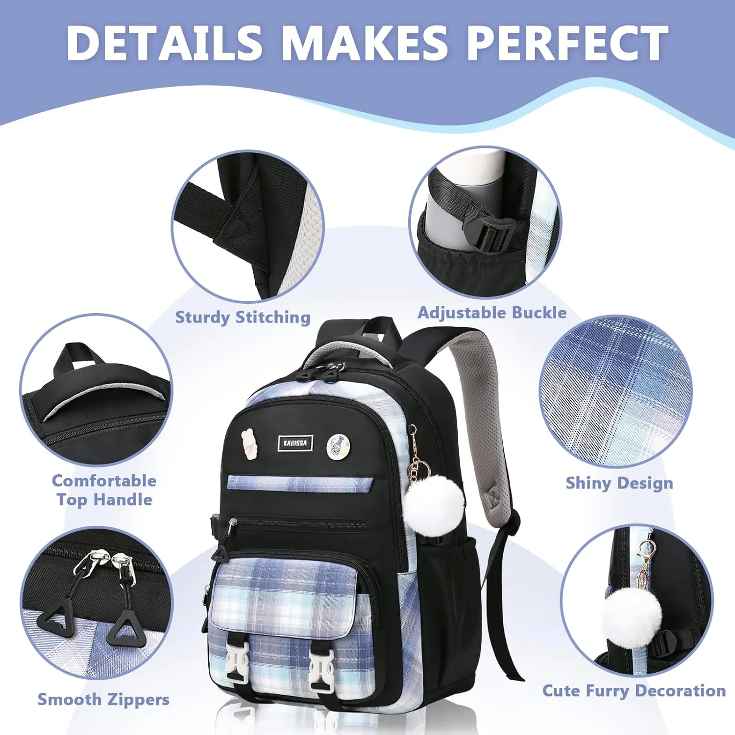Girls Backpack, Kawaii Bookbag for Teen Multiple Pockets Kids School Backpack for Primary Elementary Middle School,Age 6-14, Black