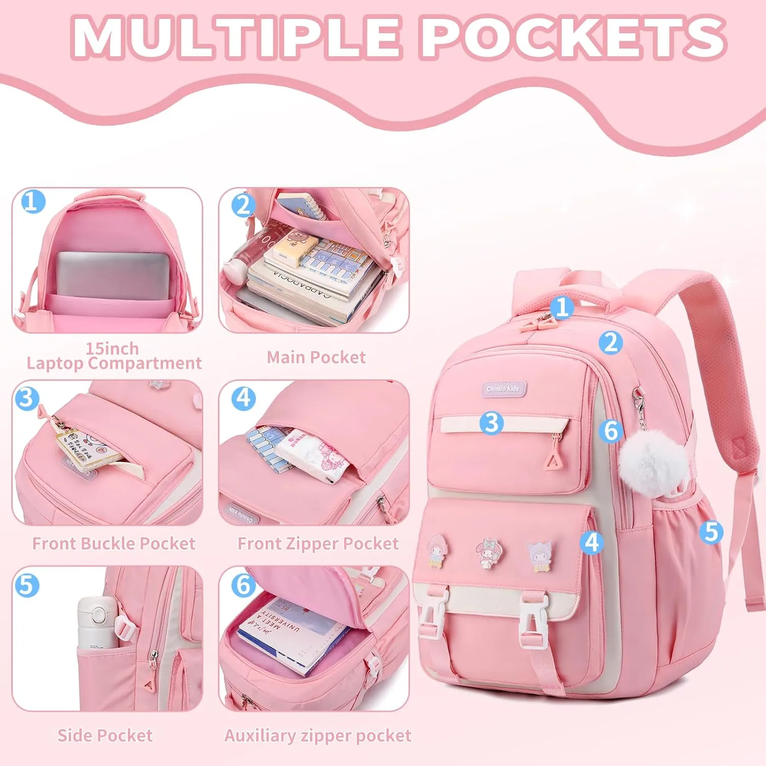 Girls Backpack,Kids Backpack for Teen Girls School Backpack Bookbag for Elementary Primary High School (3pcs Set Black), Large