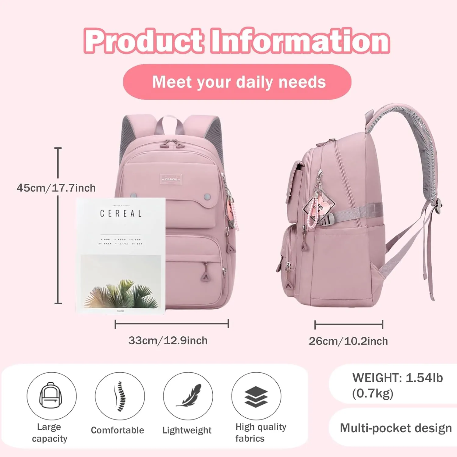 Girls School Backpack,Kids Backpack for Teen Girls Elementary Middle School Bookbag Multi-pocket Fashion Daypack,Grey