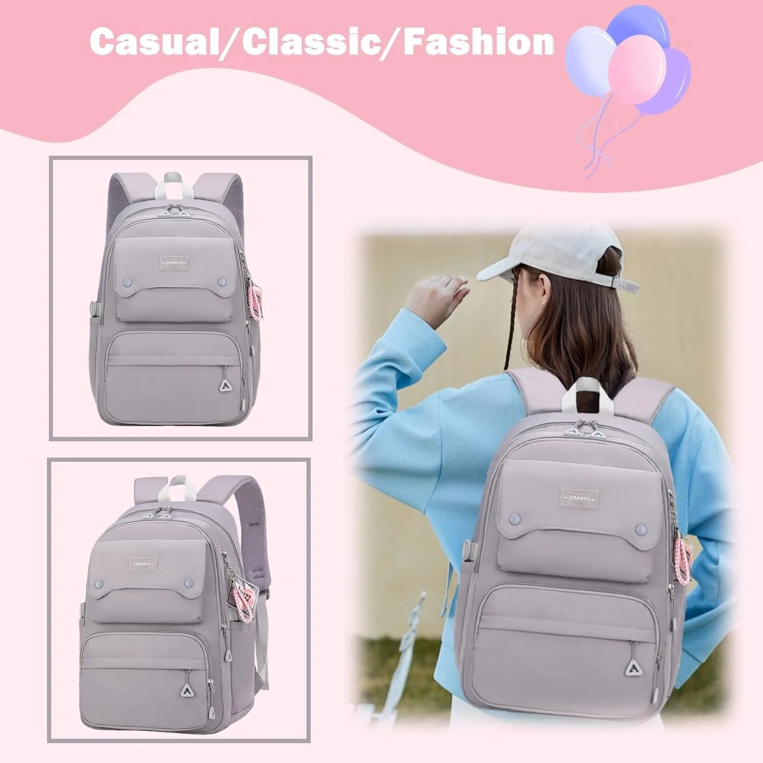 Girls School Backpack,Kids Backpack for Teen Girls Elementary Middle School Bookbag Multi-pocket Fashion Daypack,Grey