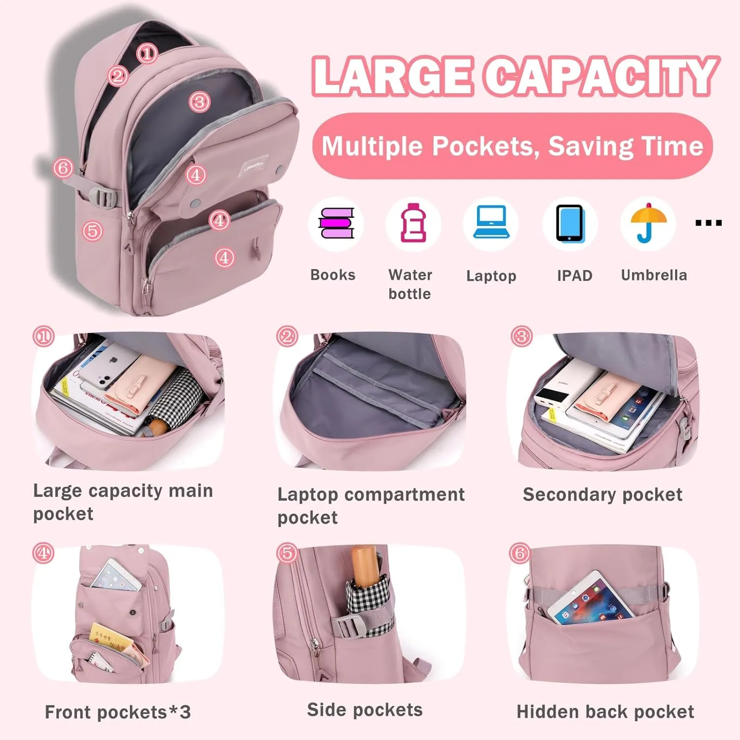 Girls School Backpack,Kids Backpack for Teen Girls Elementary Middle School Bookbag Multi-pocket Fashion Daypack,Grey