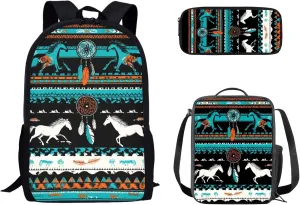 GLENLCWE Aztec Horse Backpack for Kids, Lightweight Middle School Elementary Bookbag with Pencil Case & Insulated Lunch Bag for Boys Girls, 3 Pieces