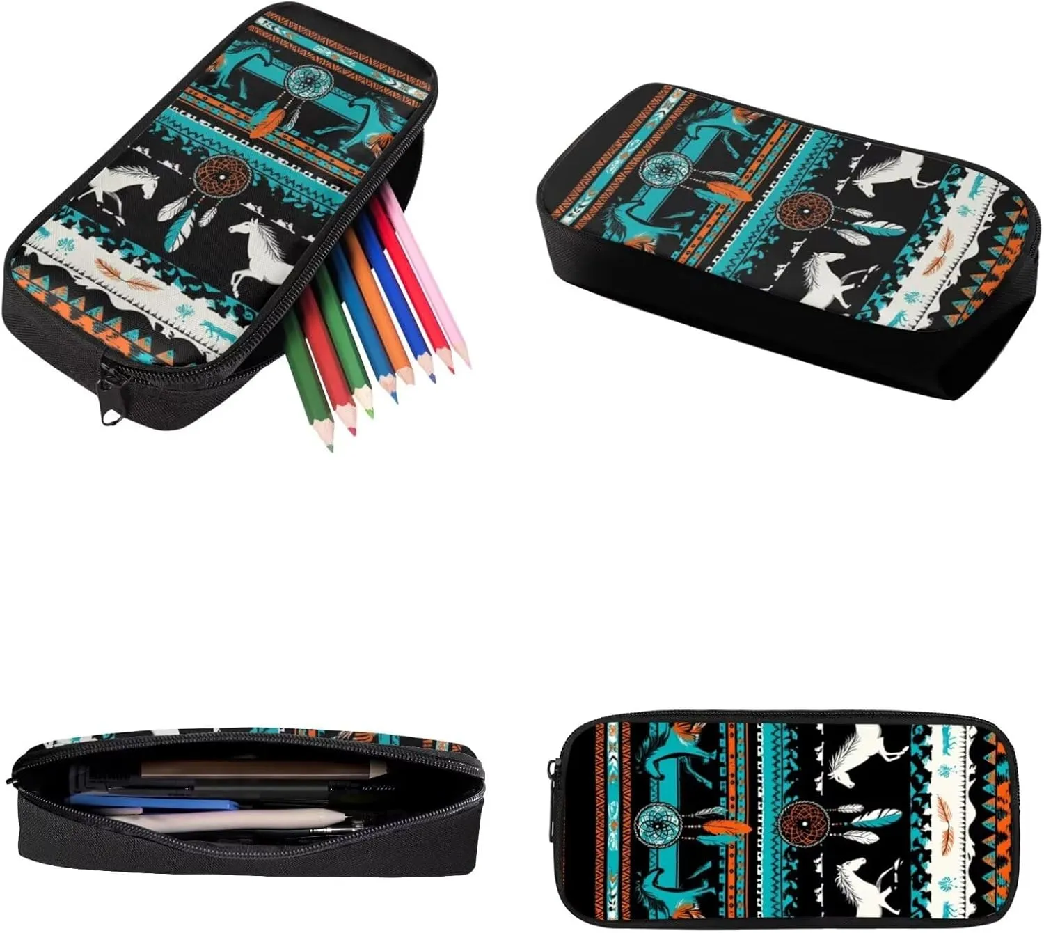 GLENLCWE Aztec Horse Backpack for Kids, Lightweight Middle School Elementary Bookbag with Pencil Case & Insulated Lunch Bag for Boys Girls, 3 Pieces