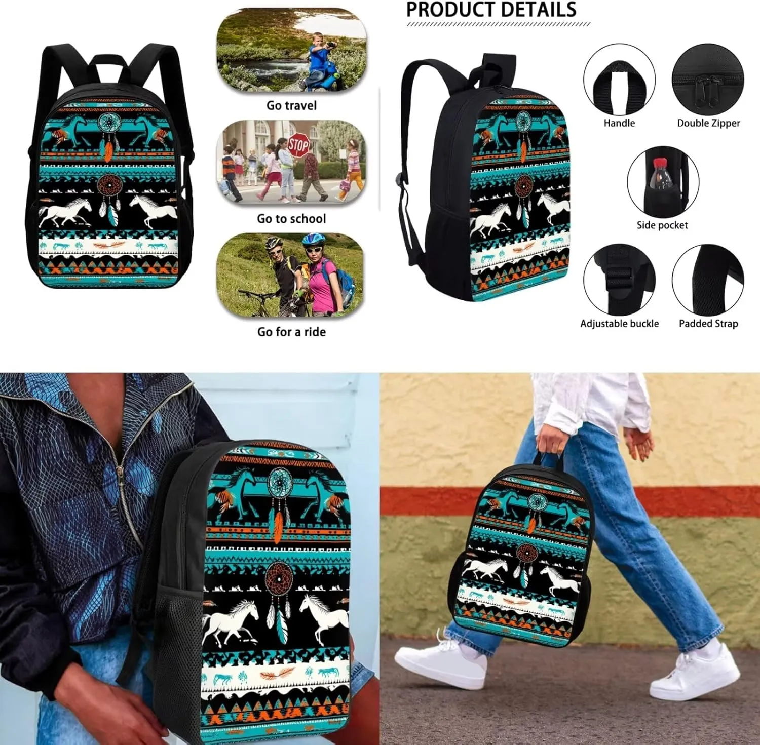 GLENLCWE Aztec Horse Backpack for Kids, Lightweight Middle School Elementary Bookbag with Pencil Case & Insulated Lunch Bag for Boys Girls, 3 Pieces
