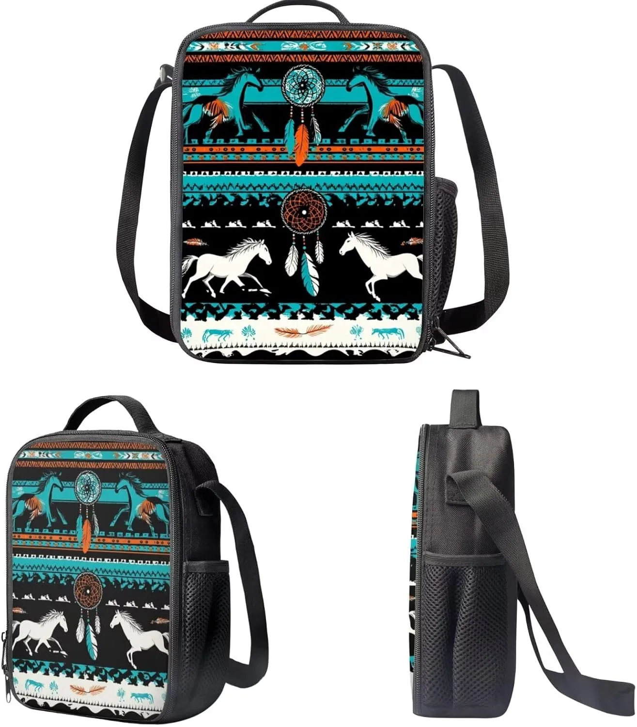 GLENLCWE Aztec Horse Backpack for Kids, Lightweight Middle School Elementary Bookbag with Pencil Case & Insulated Lunch Bag for Boys Girls, 3 Pieces