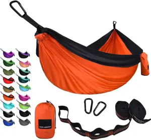 Gold Armour Camping Hammock - Portable Hammock Single Hammock Camping Accessories Gear for Outdoor Indoor Adult Kids, USA Based Brand (Orange & Black)