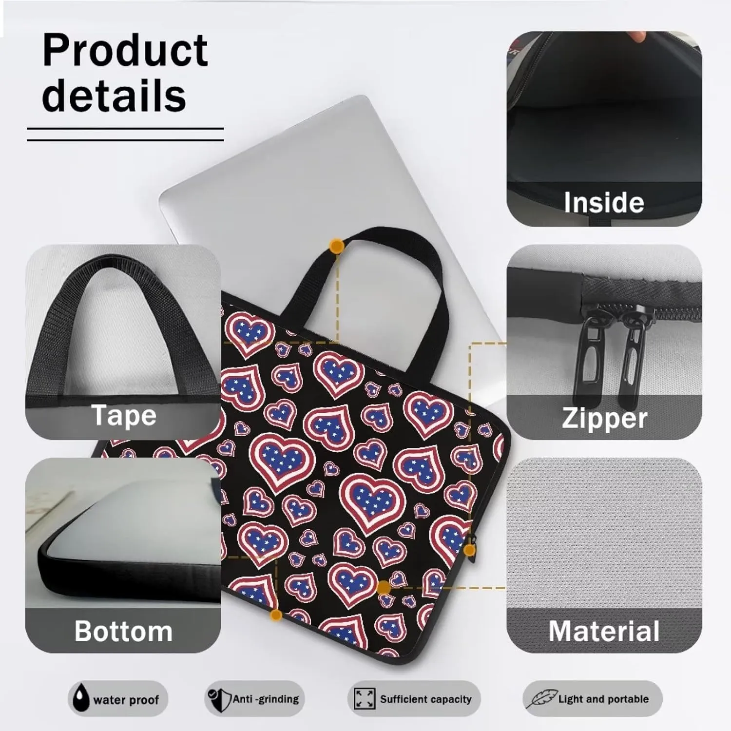 Gomyblomy American Flags & Hearts Lightweight Tote Bag with Zippered Laptop Dust Bag, Portable Business Briefcase for 10-17 Inch Laptops