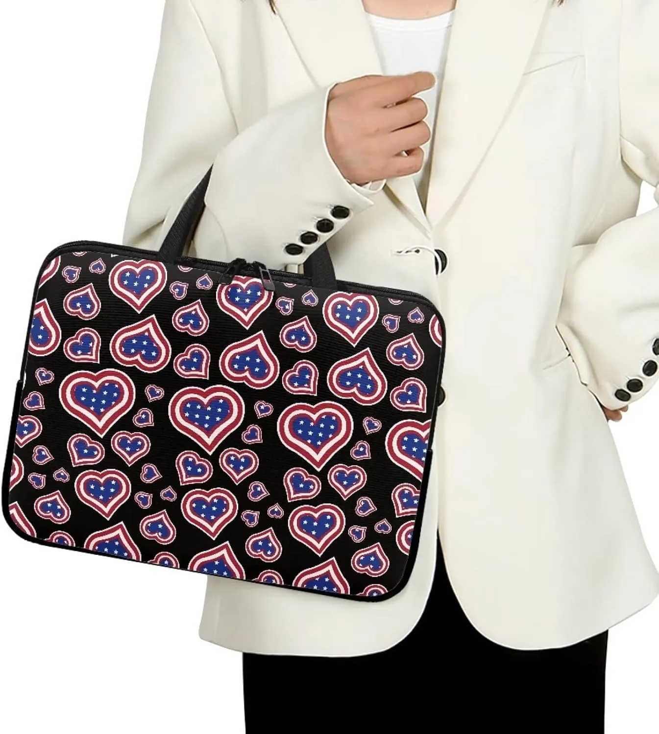 Gomyblomy American Flags & Hearts Lightweight Tote Bag with Zippered Laptop Dust Bag, Portable Business Briefcase for 10-17 Inch Laptops