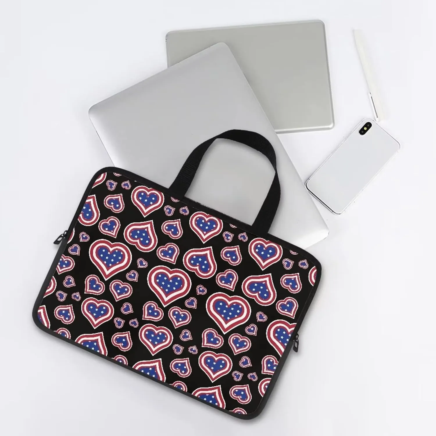 Gomyblomy American Flags & Hearts Lightweight Tote Bag with Zippered Laptop Dust Bag, Portable Business Briefcase for 10-17 Inch Laptops