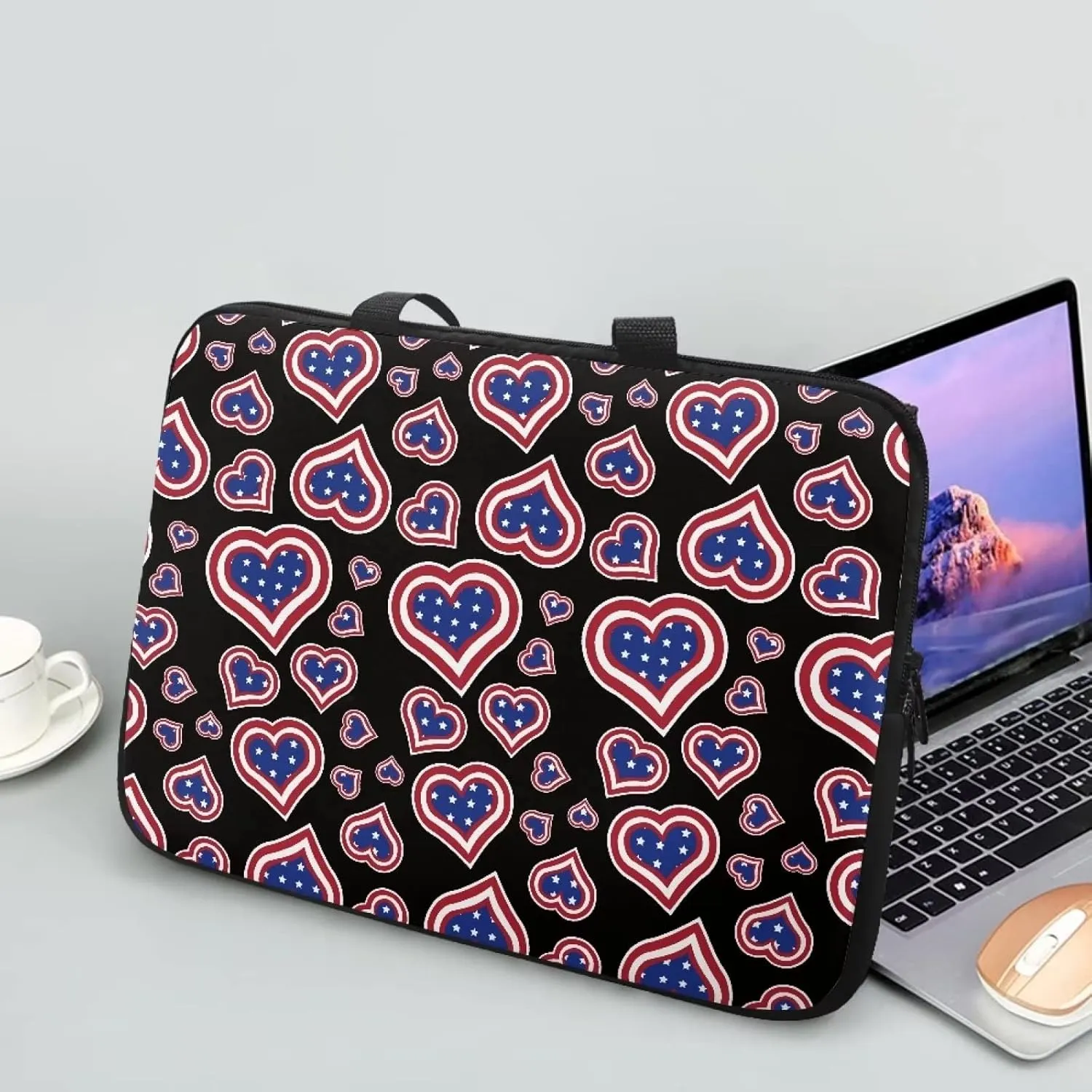 Gomyblomy American Flags & Hearts Lightweight Tote Bag with Zippered Laptop Dust Bag, Portable Business Briefcase for 10-17 Inch Laptops