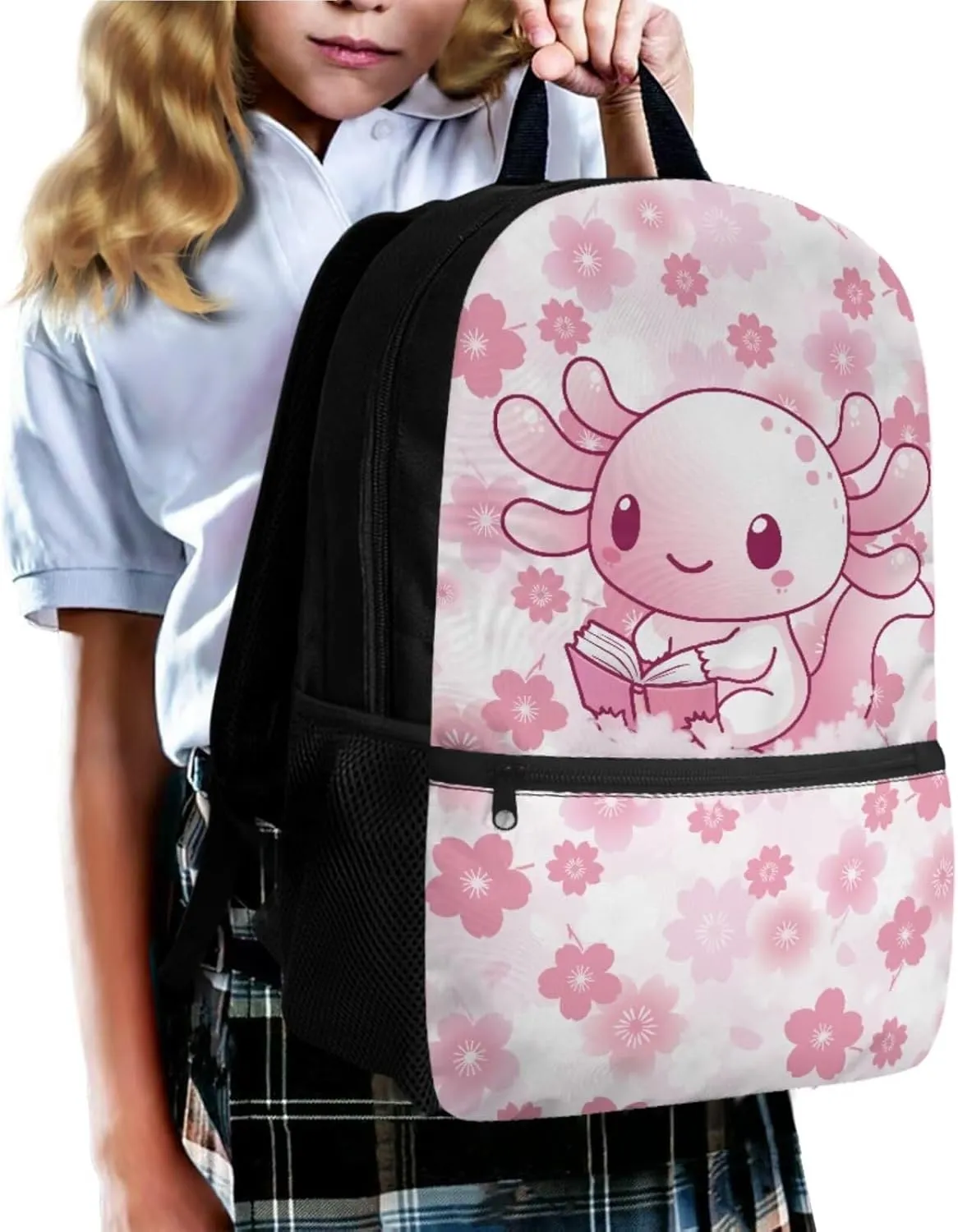Gomyblomy Axolotl Backpack for School Girls 6-8 8-10 Books Axolotl Bookbag and Lunch Box Set Lightweight Kids School Bag Set of 4 Pcs for Elementary Primary Casual Daypack Travel Bags
