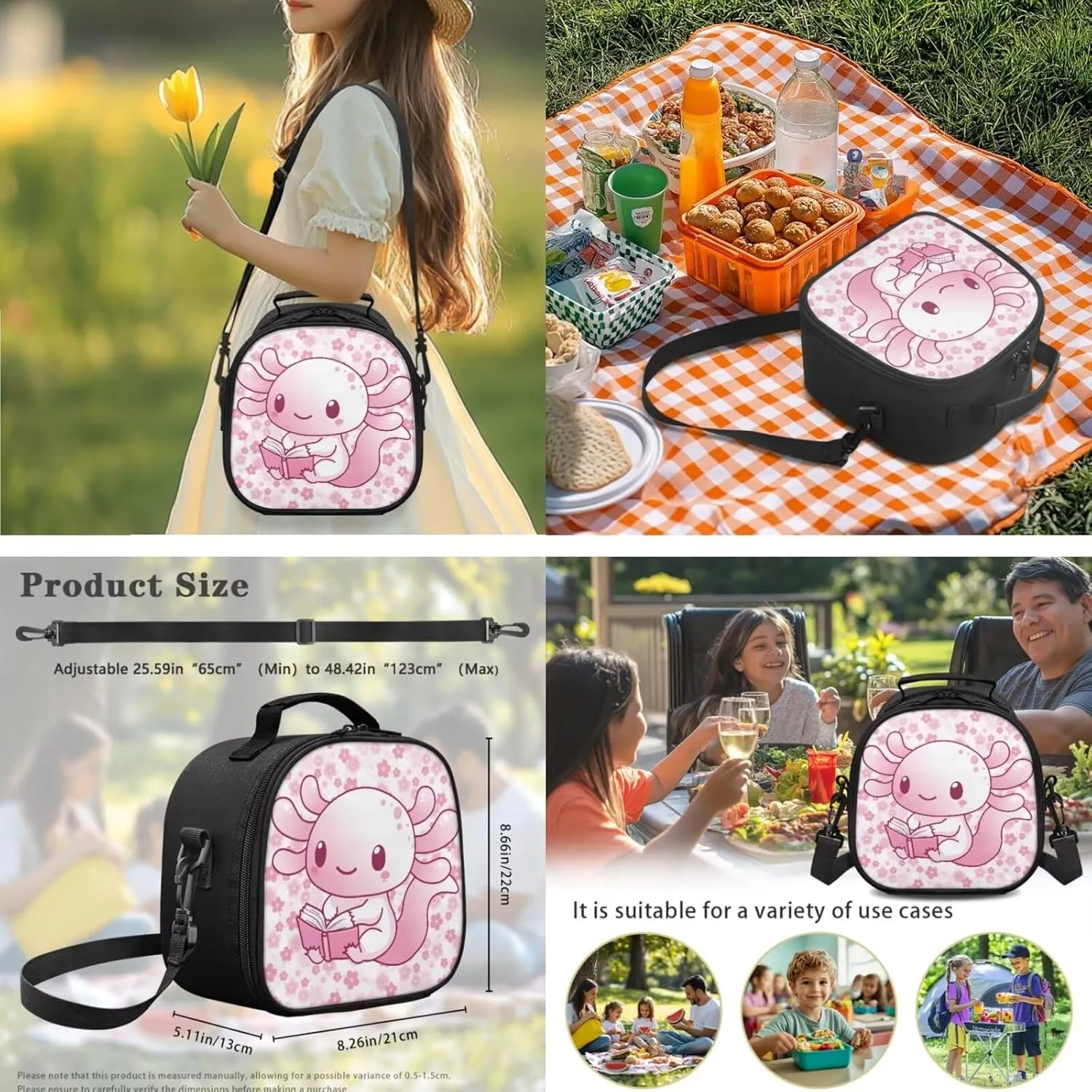 Gomyblomy Axolotl Backpack for School Girls 6-8 8-10 Books Axolotl Bookbag and Lunch Box Set Lightweight Kids School Bag Set of 4 Pcs for Elementary Primary Casual Daypack Travel Bags