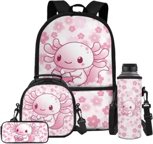 Gomyblomy Axolotl Backpack for School Girls 6-8 8-10 Books Axolotl Bookbag and Lunch Box Set Lightweight Kids School Bag Set of 4 Pcs for Elementary Primary Casual Daypack Travel Bags