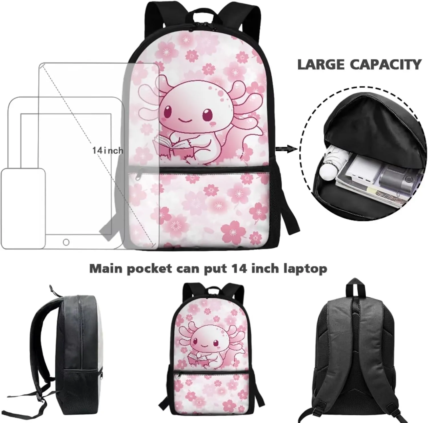 Gomyblomy Axolotl Backpack for School Girls 6-8 8-10 Books Axolotl Bookbag and Lunch Box Set Lightweight Kids School Bag Set of 4 Pcs for Elementary Primary Casual Daypack Travel Bags