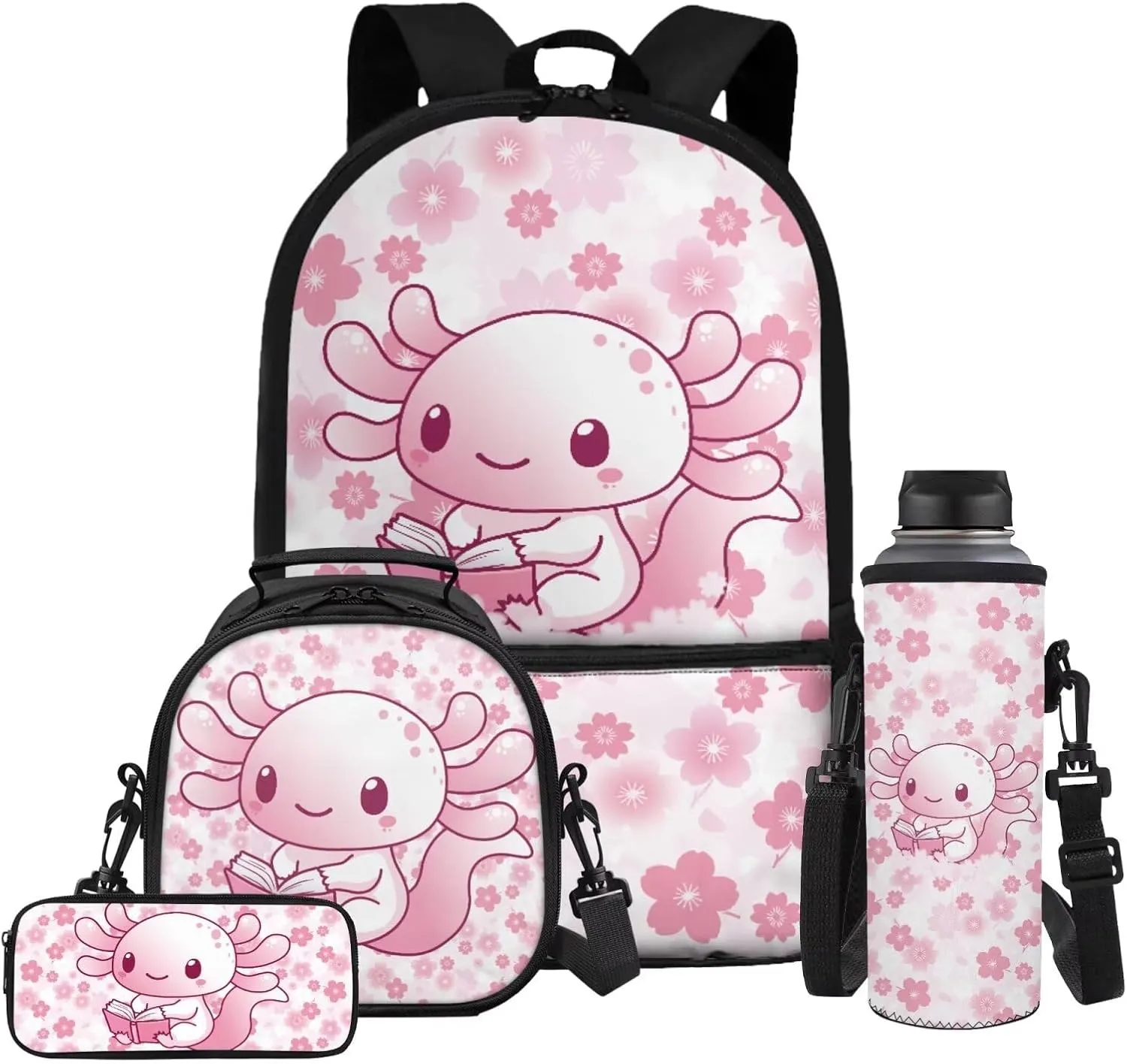 Gomyblomy Axolotl Backpack for School Girls 6-8 8-10 Books Axolotl Bookbag and Lunch Box Set Lightweight Kids School Bag Set of 4 Pcs for Elementary Primary Casual Daypack Travel Bags