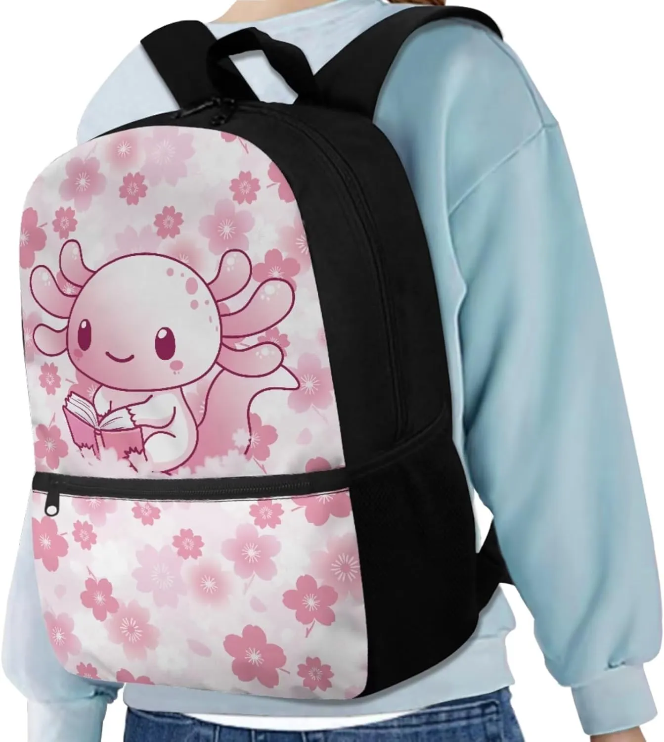 Gomyblomy Axolotl Backpack for School Girls 6-8 8-10 Books Axolotl Bookbag and Lunch Box Set Lightweight Kids School Bag Set of 4 Pcs for Elementary Primary Casual Daypack Travel Bags