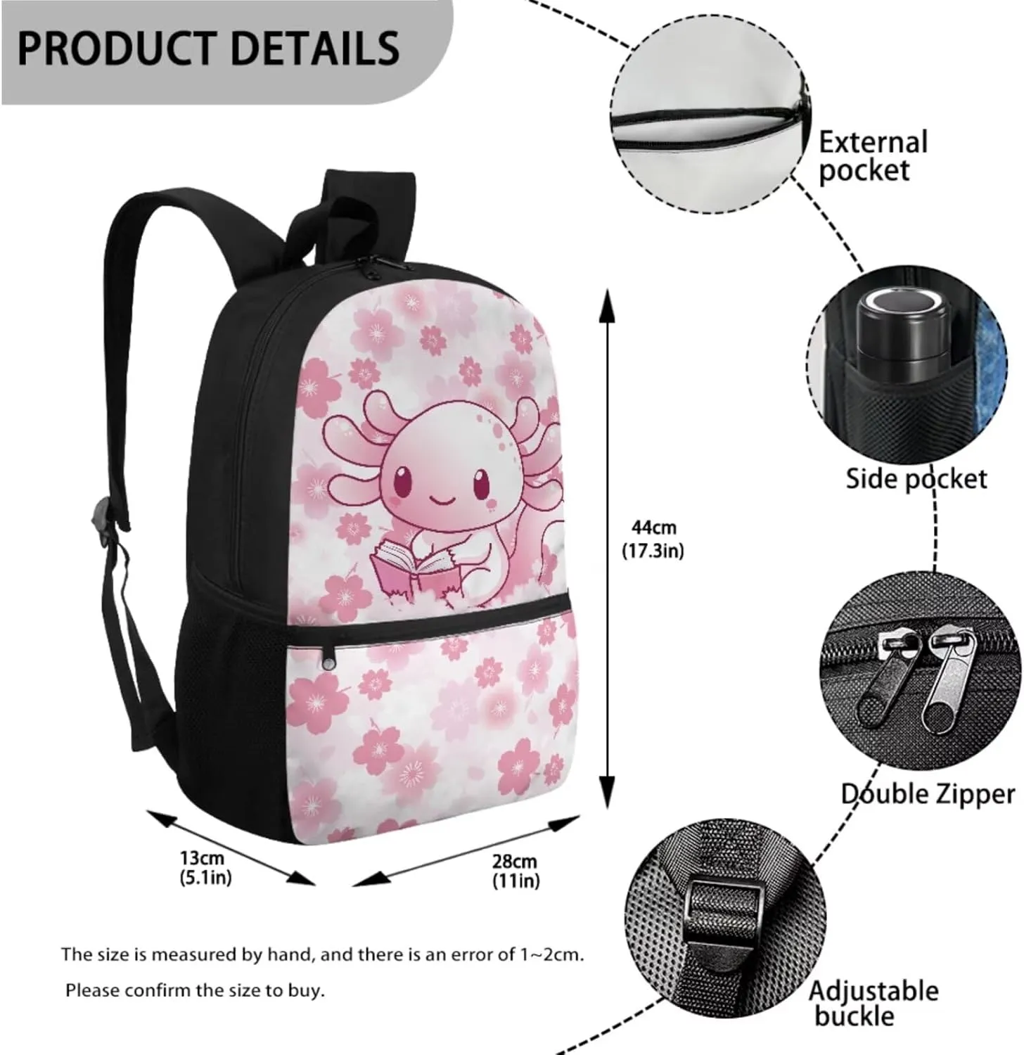 Gomyblomy Axolotl Backpack for School Girls 6-8 8-10 Books Axolotl Bookbag and Lunch Box Set Lightweight Kids School Bag Set of 4 Pcs for Elementary Primary Casual Daypack Travel Bags