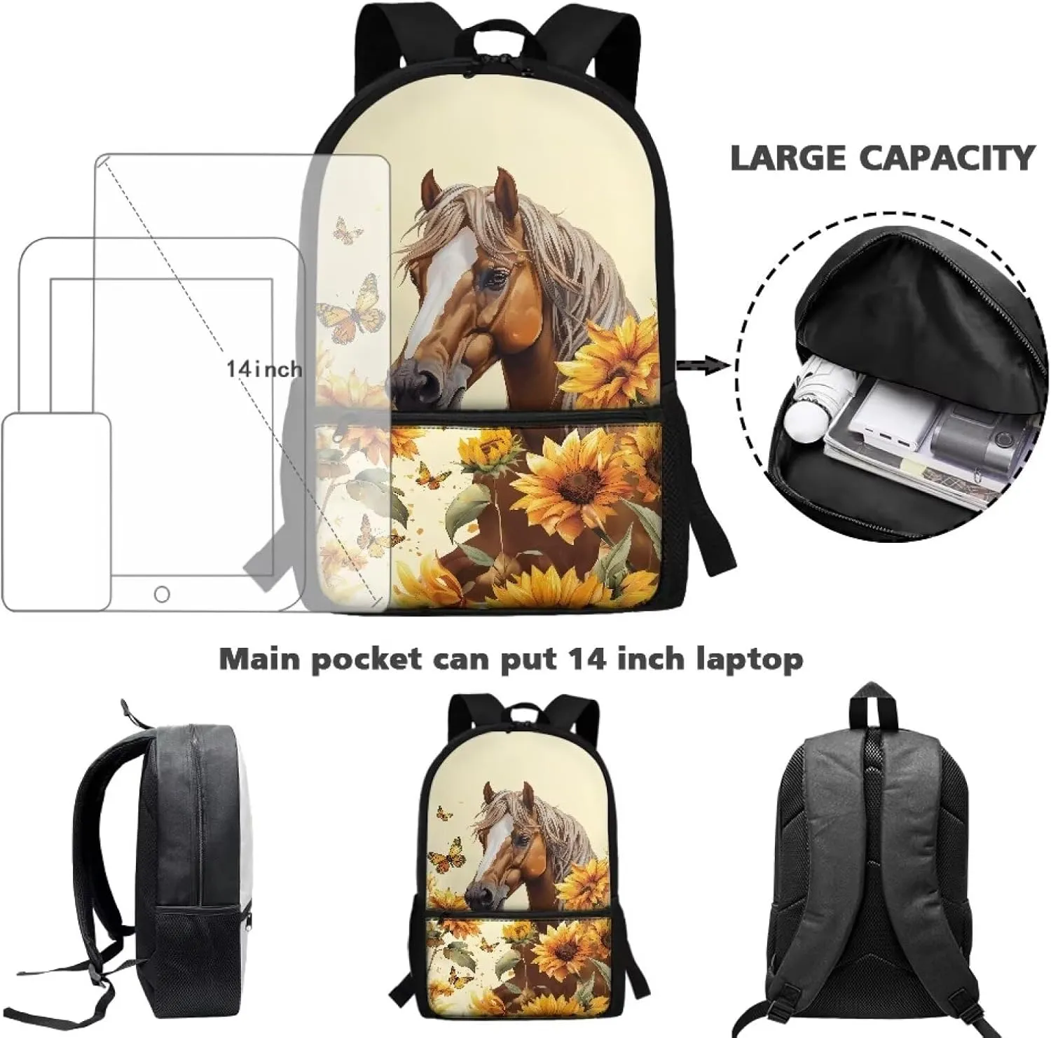 Gomyblomy Butterfly Sunflower Horse Backpack for Girls 8-12 Elementary School Backpack for Kids Large Capacity 17 Inch Bookbag for Primary Middle Schoolbags for Teens Daypack