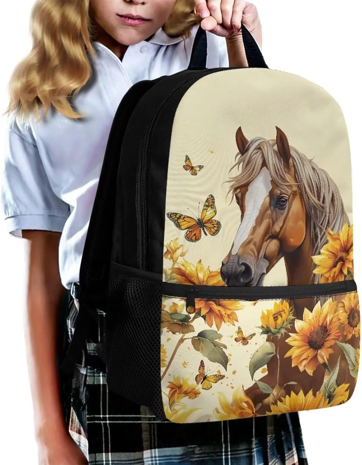 Gomyblomy Butterfly Sunflower Horse Backpack for Girls 8-12 Elementary School Backpack for Kids Large Capacity 17 Inch Bookbag for Primary Middle Schoolbags for Teens Daypack