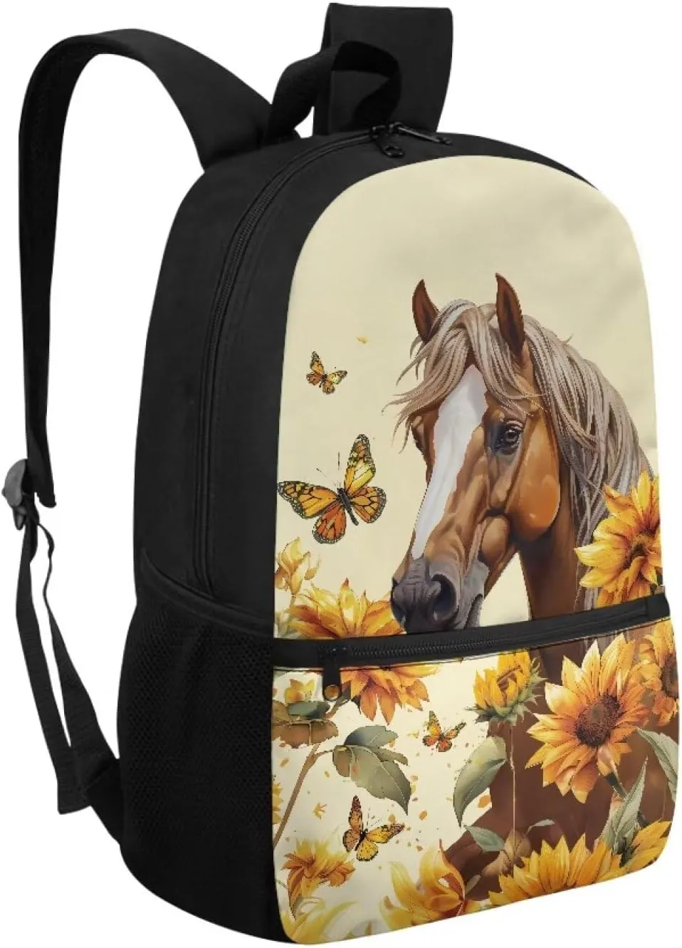Gomyblomy Butterfly Sunflower Horse Backpack for Girls 8-12 Elementary School Backpack for Kids Large Capacity 17 Inch Bookbag for Primary Middle Schoolbags for Teens Daypack