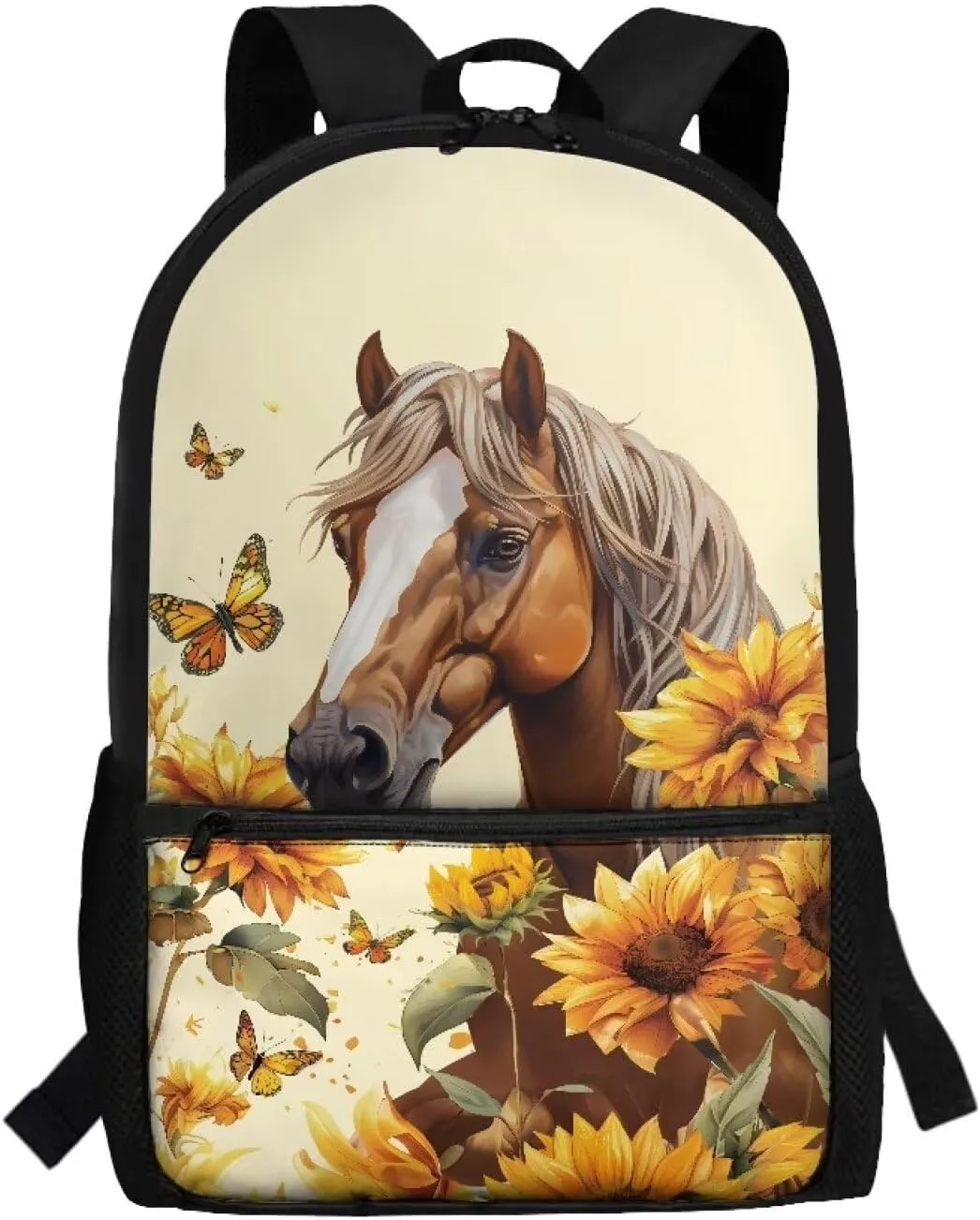 Gomyblomy Butterfly Sunflower Horse Backpack for Girls 8-12 Elementary School Backpack for Kids Large Capacity 17 Inch Bookbag for Primary Middle Schoolbags for Teens Daypack