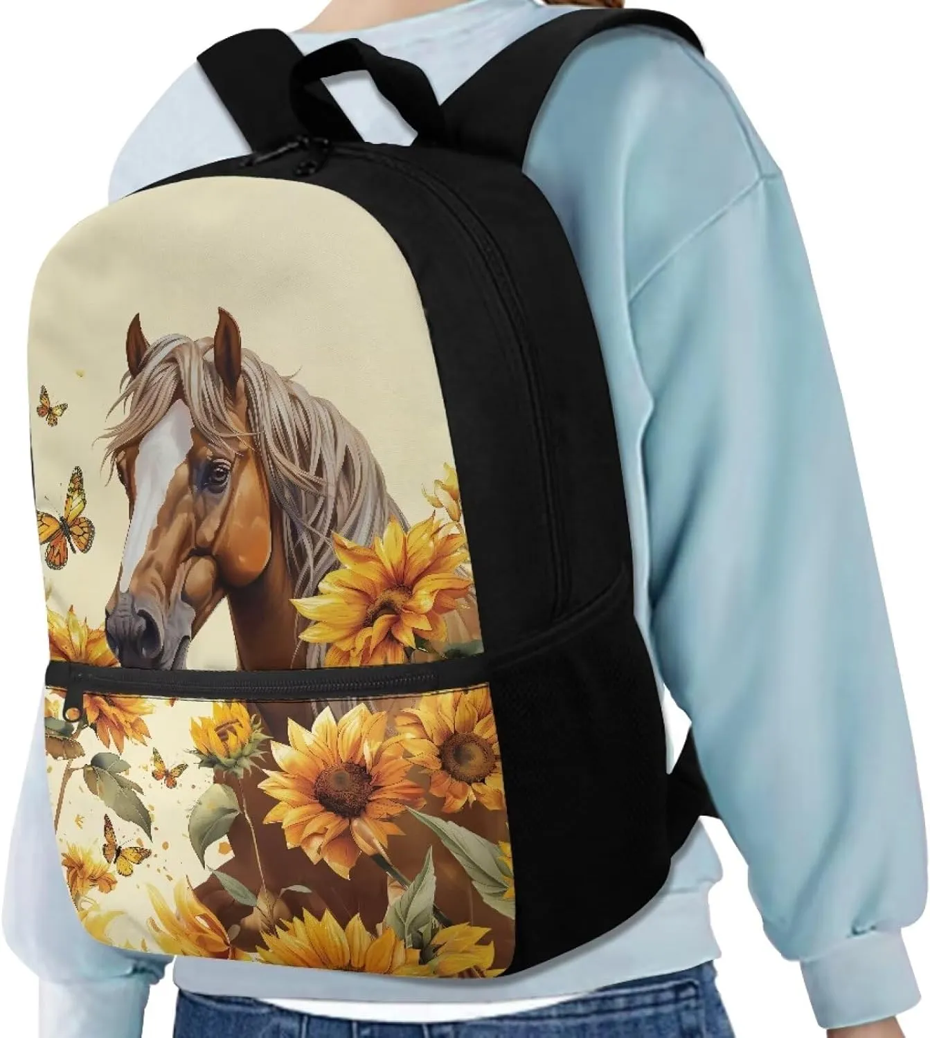Gomyblomy Butterfly Sunflower Horse Backpack for Girls 8-12 Elementary School Backpack for Kids Large Capacity 17 Inch Bookbag for Primary Middle Schoolbags for Teens Daypack