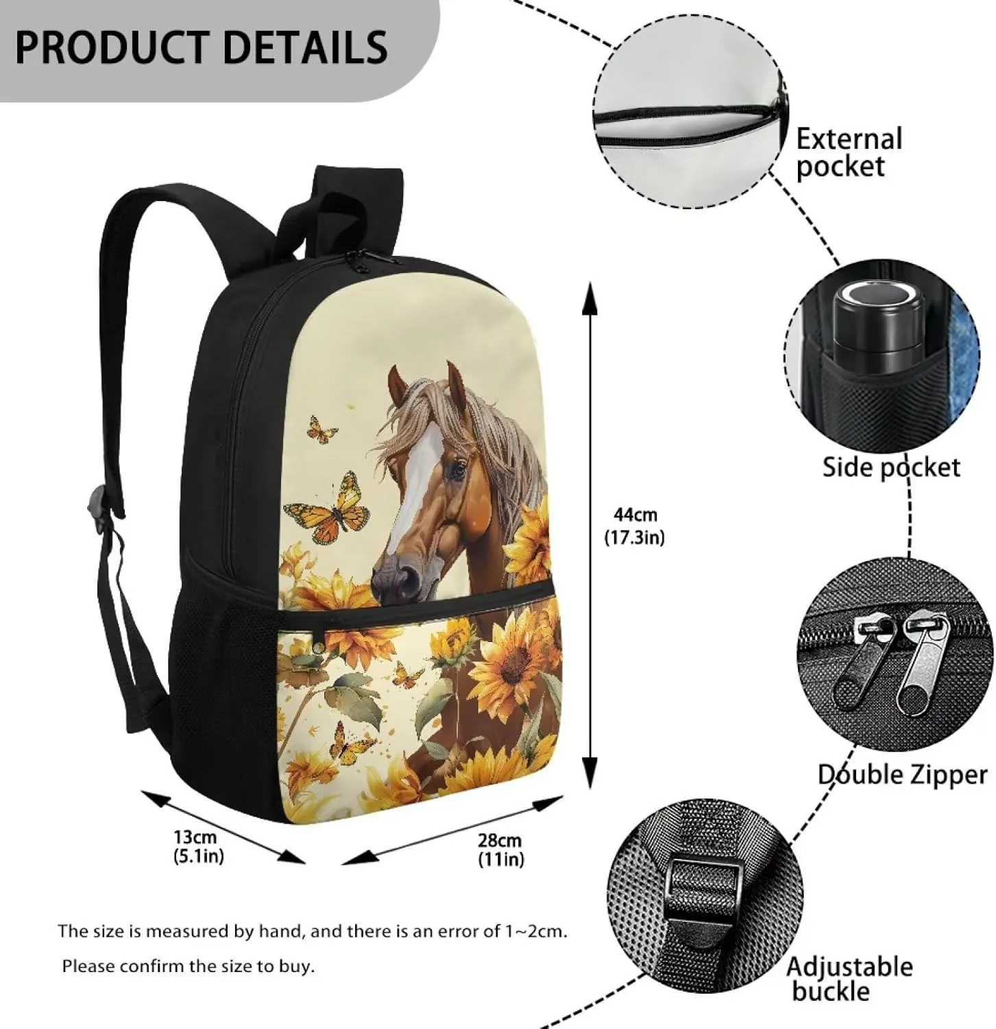 Gomyblomy Butterfly Sunflower Horse Backpack for Girls 8-12 Elementary School Backpack for Kids Large Capacity 17 Inch Bookbag for Primary Middle Schoolbags for Teens Daypack