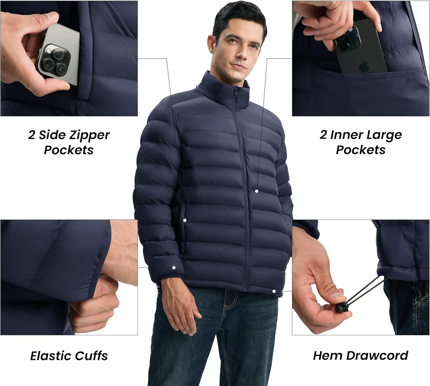 Gopune Men's Lightweight Puffer Jacket Detachable Hooded Water Resistant Puffy Winter Down Jackets for Snow Ski Travel