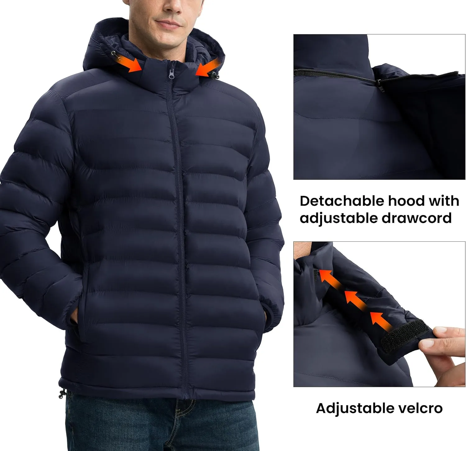 Gopune Men's Lightweight Puffer Jacket Detachable Hooded Water Resistant Puffy Winter Down Jackets for Snow Ski Travel