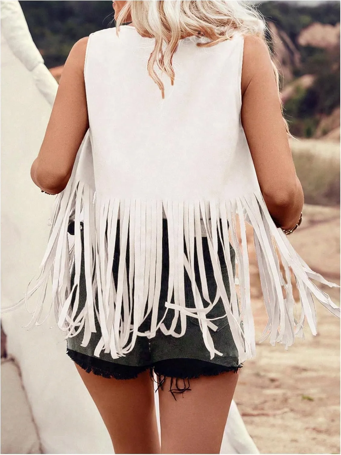 GORGLITTER Women's Western Fringe Vest Country Cowboy Outfits 70s Hippie Faux Suede Tessel Jacket Cardigan