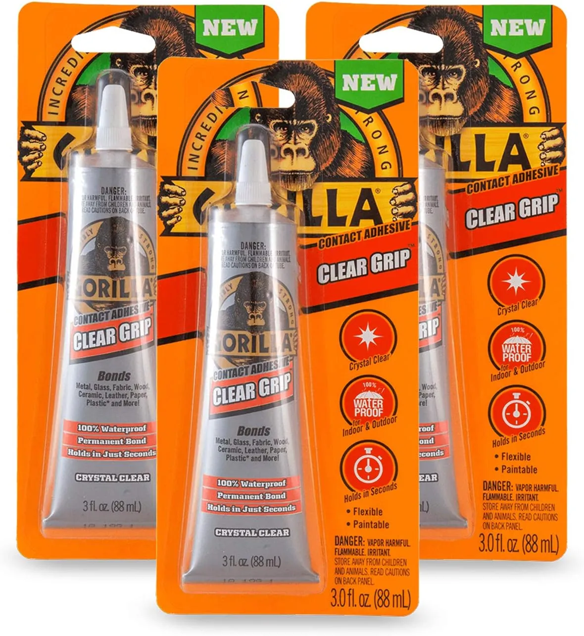 Gorilla Clear Grip Contact Adhesive, Waterproof, 3 ounce, Clear, (Pack of 3)