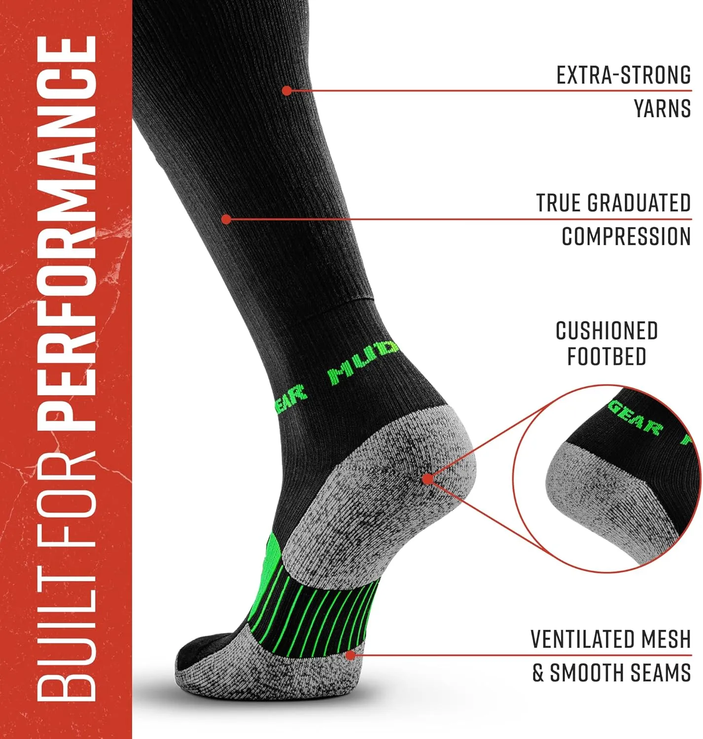 Graduated Compression Socks, Durable, Sweat-Resistant OCR Performance Socks with Cushioned Footbed, Made in USA