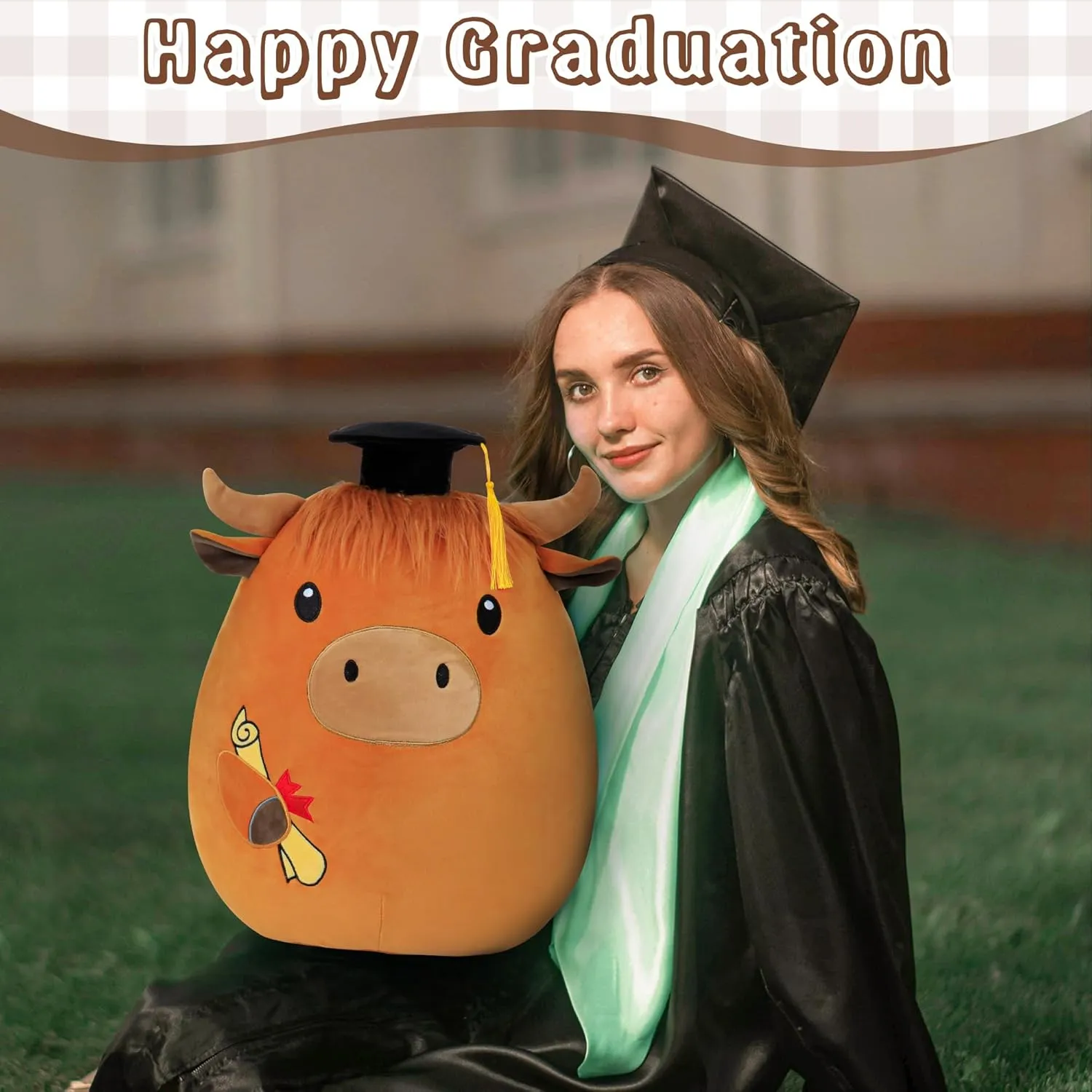 Graduation Stuffed Animal 18 Inch - Highland Cow Plush with Cap (Class of 2025) - Cute Graduation Gift for Kindergarten, Elementary & High School