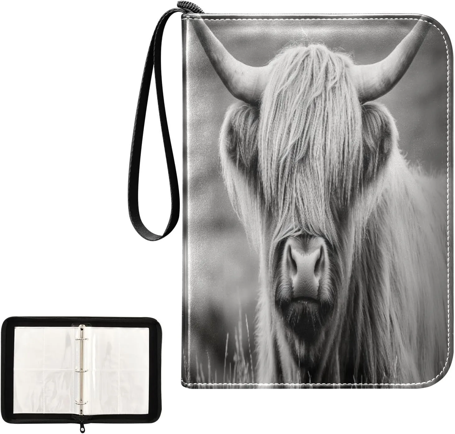 Grey Highland Cow Painting Card Binder 4 Pocket, Trading Card Holder Fits 400 Game Cards with 50 Removable Sleeves, MTG Card Case Standard Size