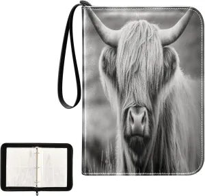 Grey Highland Cow Painting Card Binder 4 Pocket, Trading Card Holder Fits 400 Game Cards with 50 Removable Sleeves, MTG Card Case Standard Size