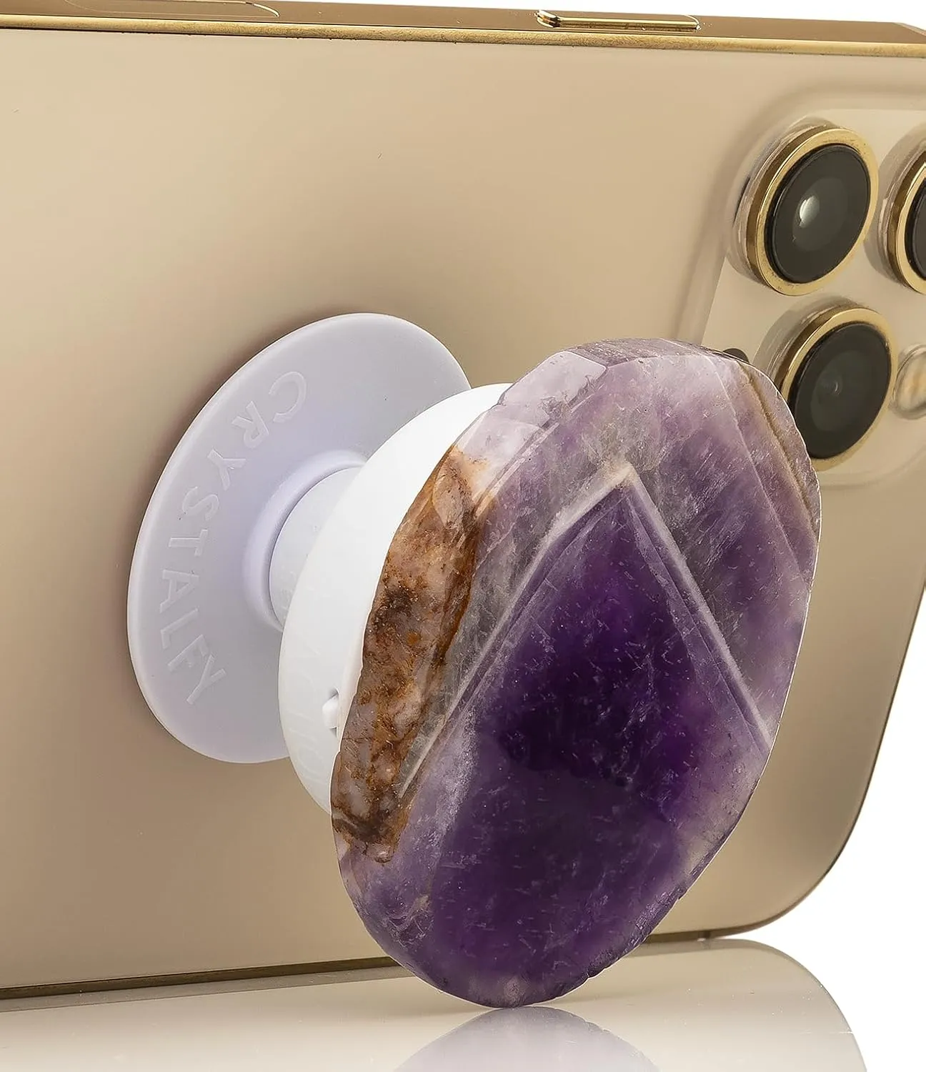 Grips by CRYSTALFY Chevron Amethyst Natural Edge Crystal Phone Grip Holder & Expanding Kickstand - Natural Gemstone Swappable Top Accessory for iPhone, iPad, Kindle & Mobile Devices