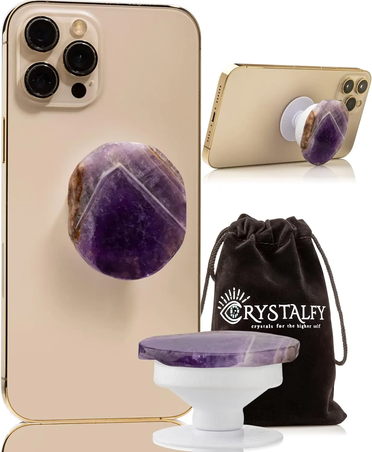 Grips by CRYSTALFY Chevron Amethyst Natural Edge Crystal Phone Grip Holder & Expanding Kickstand - Natural Gemstone Swappable Top Accessory for iPhone, iPad, Kindle & Mobile Devices