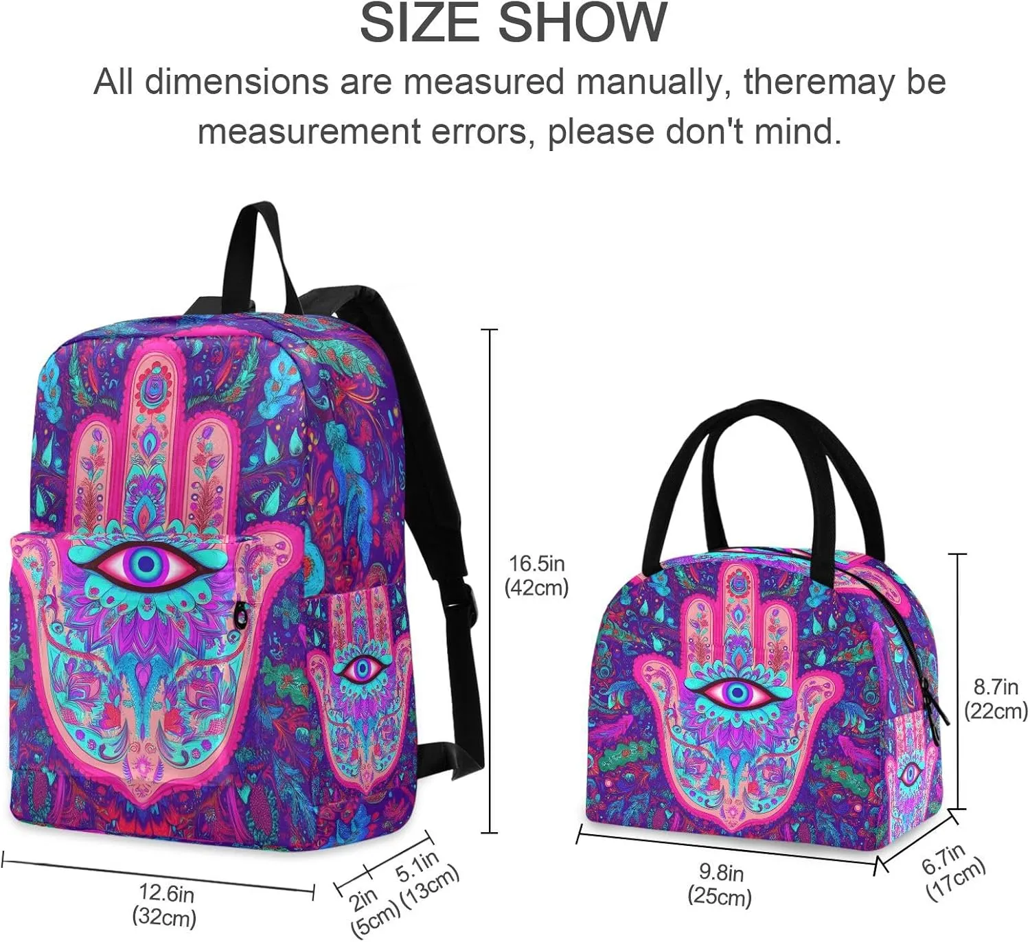 Hamas Hand Pattern Backpack Set with Lunch Bag for Girls Boys Elementary Primary School Kids Lightweight Daypack Set