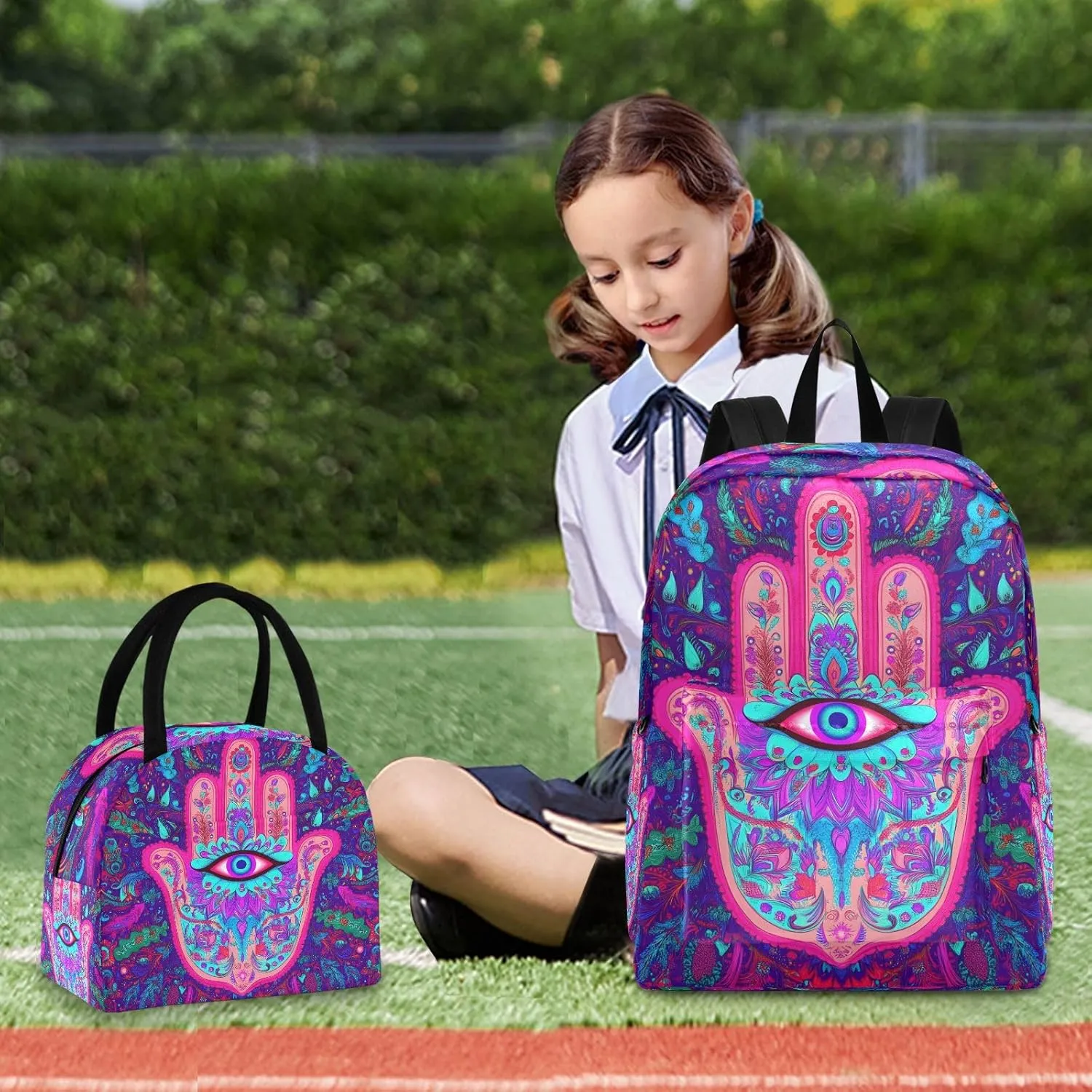 Hamas Hand Pattern Backpack Set with Lunch Bag for Girls Boys Elementary Primary School Kids Lightweight Daypack Set