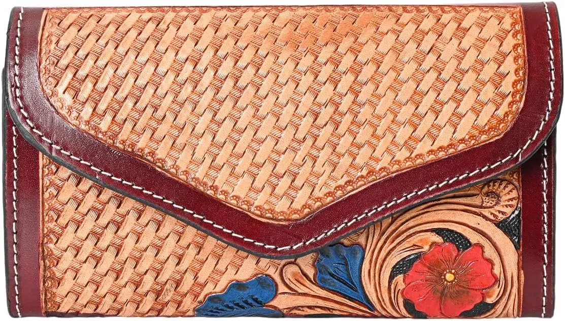 Hand-Tooled Leather Bi-Fold Envelope Wallet for Women | Western Boho Floral Wallet | Stylish Gift for Women