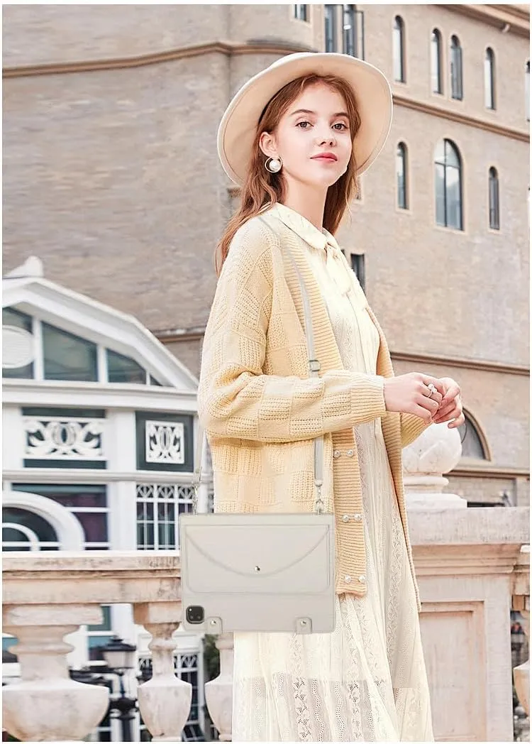 Handbag Case for iPad Air 13" M3 2025/M2 2024, iPad Pro 12.9-inch (6th/5th/4th Generation) Cover w/Pencil Holder, Techcircle Folio Stand Functional Wallet Case w/Shoulder Strap, Off-White