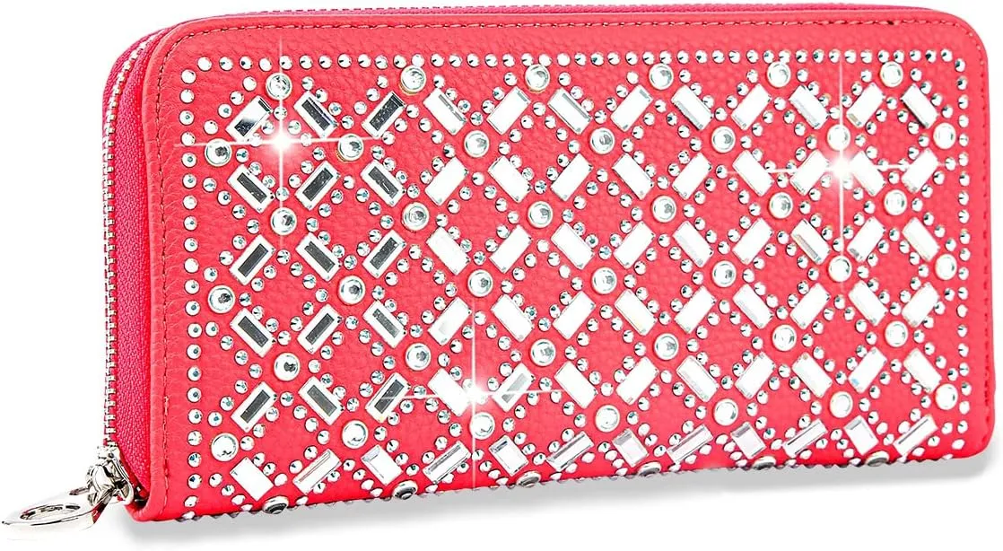 HANDBAG EXPRESS Rhinestone Bling Small Accordion Wallet Vegan Leather for Women for Cash Coin (7333-CL (Dazzling Coral))