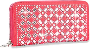 HANDBAG EXPRESS Rhinestone Bling Small Accordion Wallet Vegan Leather for Women for Cash Coin (7333-CL (Dazzling Coral))